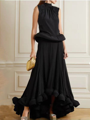Woochic robe cocktail deux-pièces col montant plissé sans manches couture irrégulière volants noir S